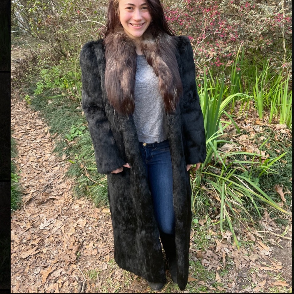 Black rabbit fur coat with fox collar